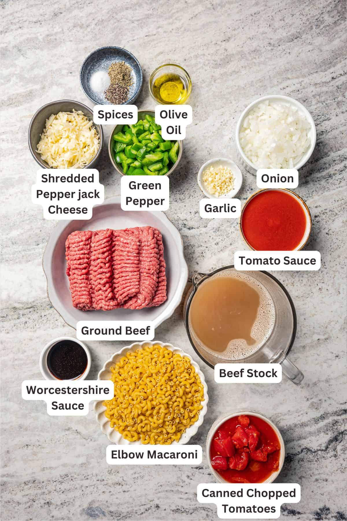 Goulash ingredients with text labels overlaying each ingredient.