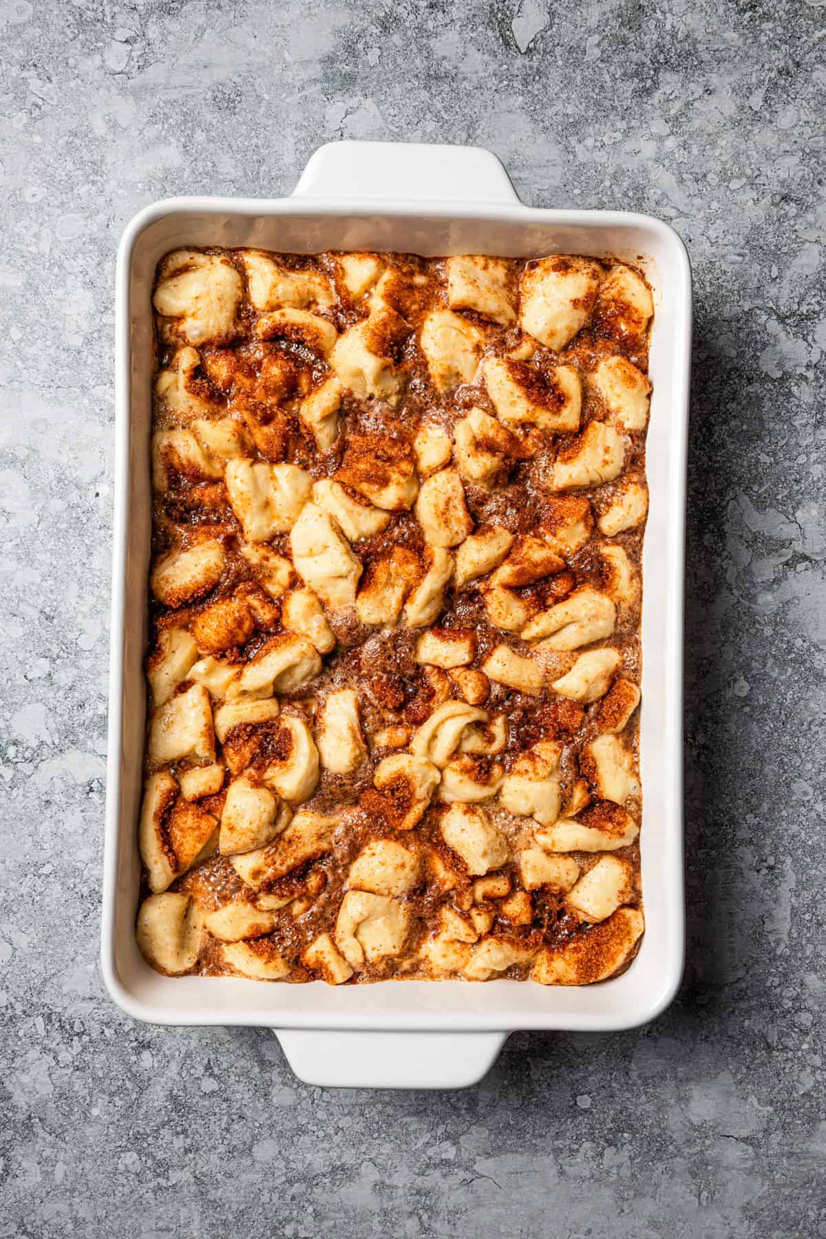 Bread cubes in a casserole dish.