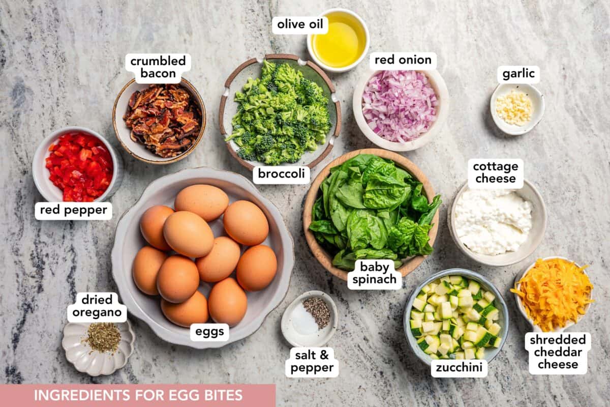 This Starbucks-inspired egg bites recipe with cottage cheese and veggies is quick to bake in a muffin tin. It's an easy, on-the-go breakfast! Egg bites ingredients with text labels overlaying each ingredient.