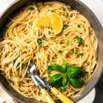 Garlic butter noodles in a pan.