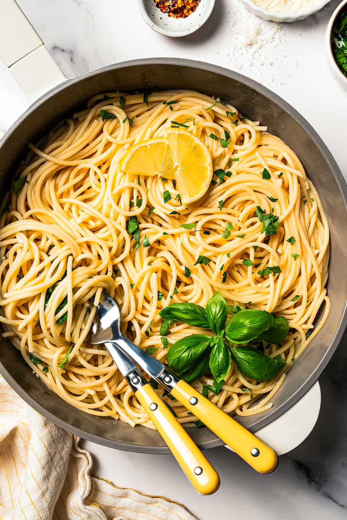 Garlic butter noodles in a pan.