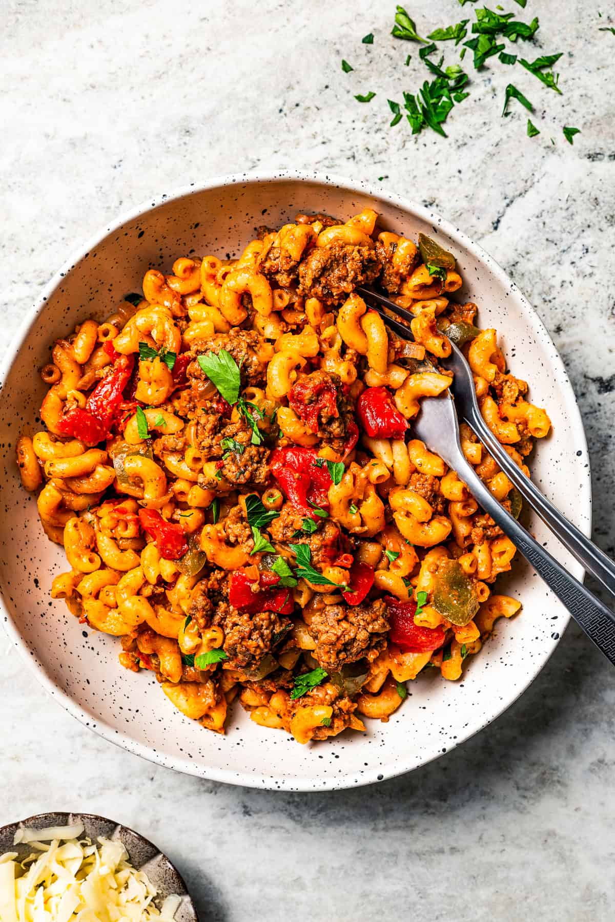 American goulash served in a bowl.