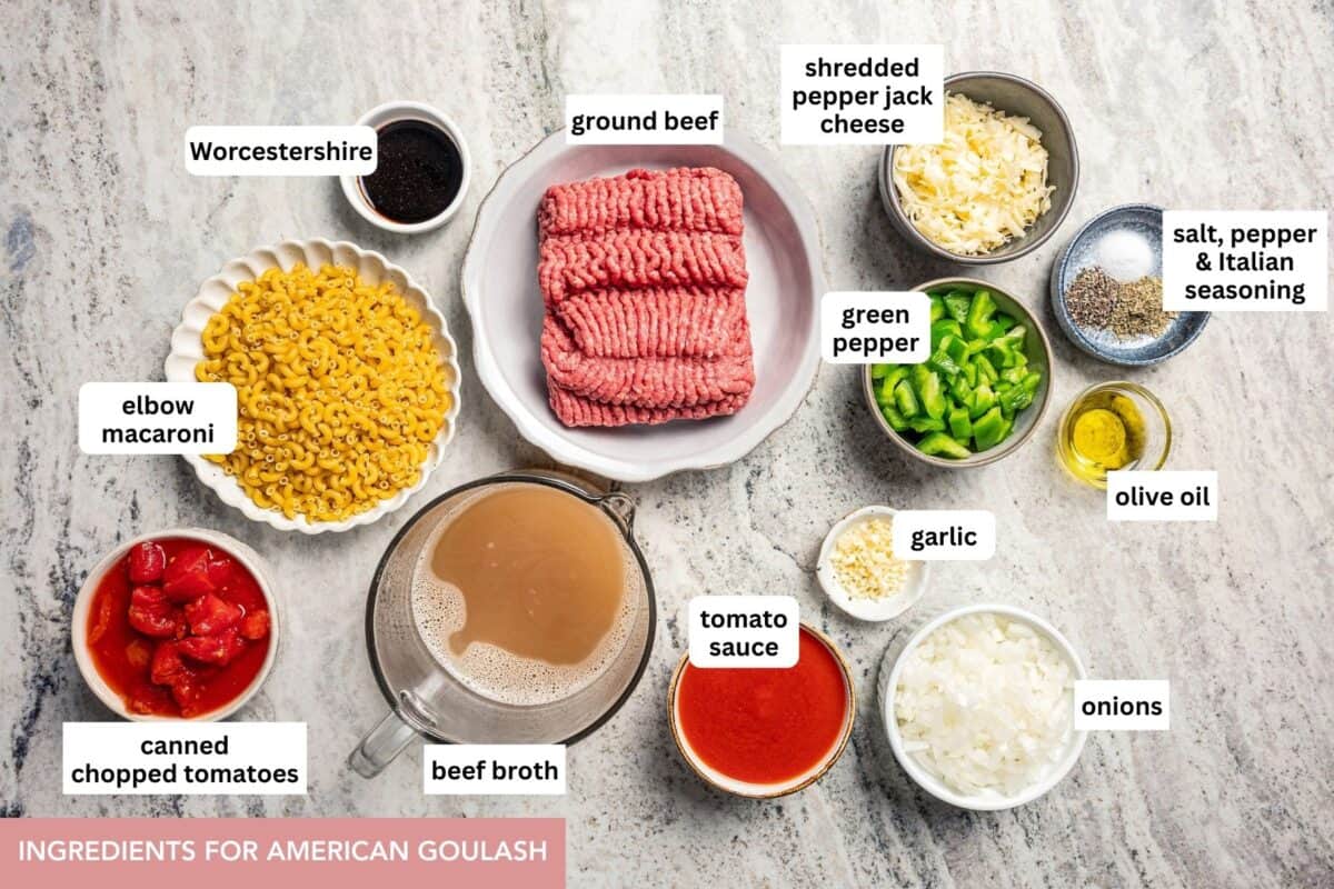 Goulash ingredients with text labels overlaying each ingredient.