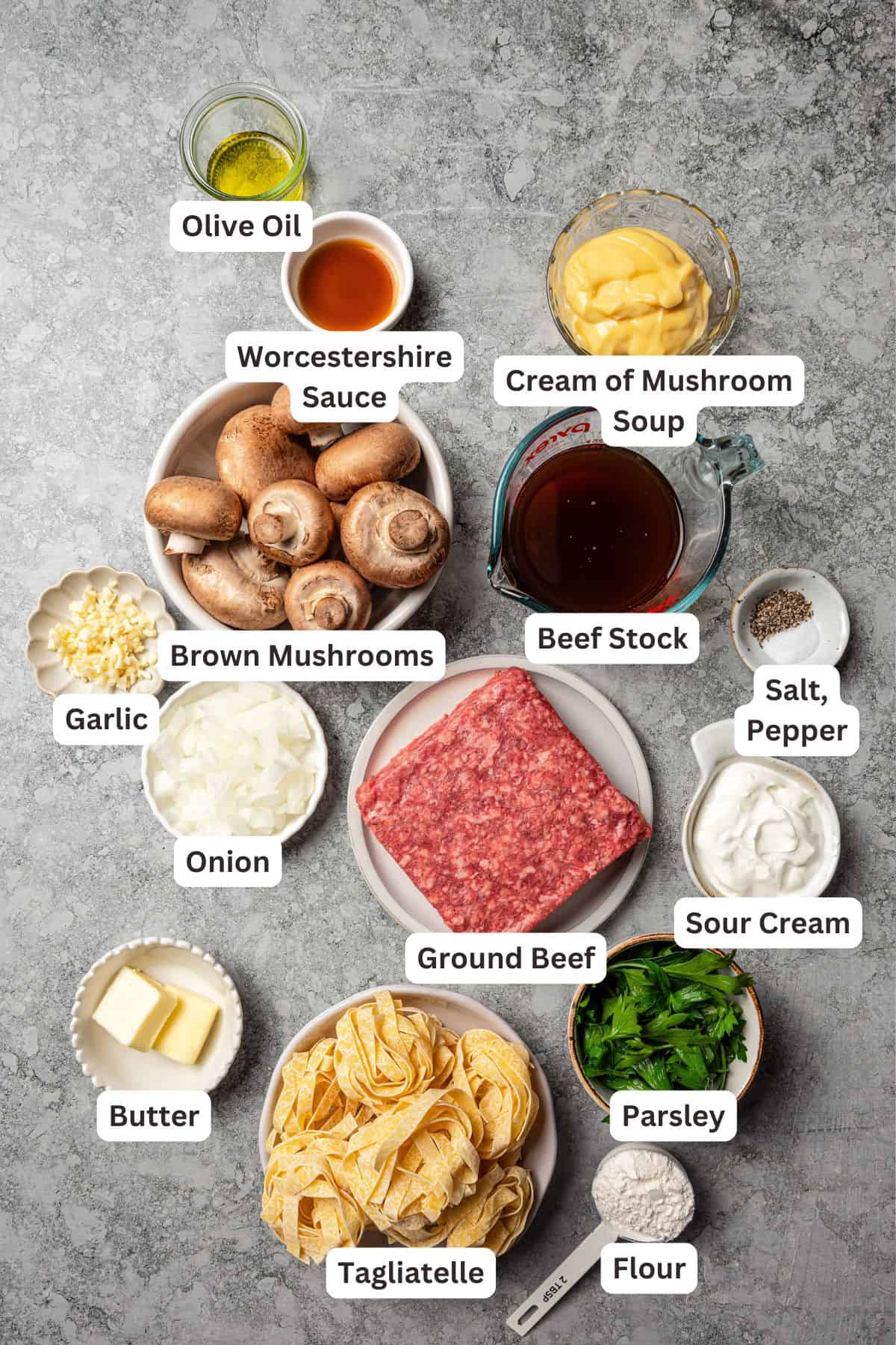Hamburger stroganoff ingredients with text labels overlaying each ingredient.