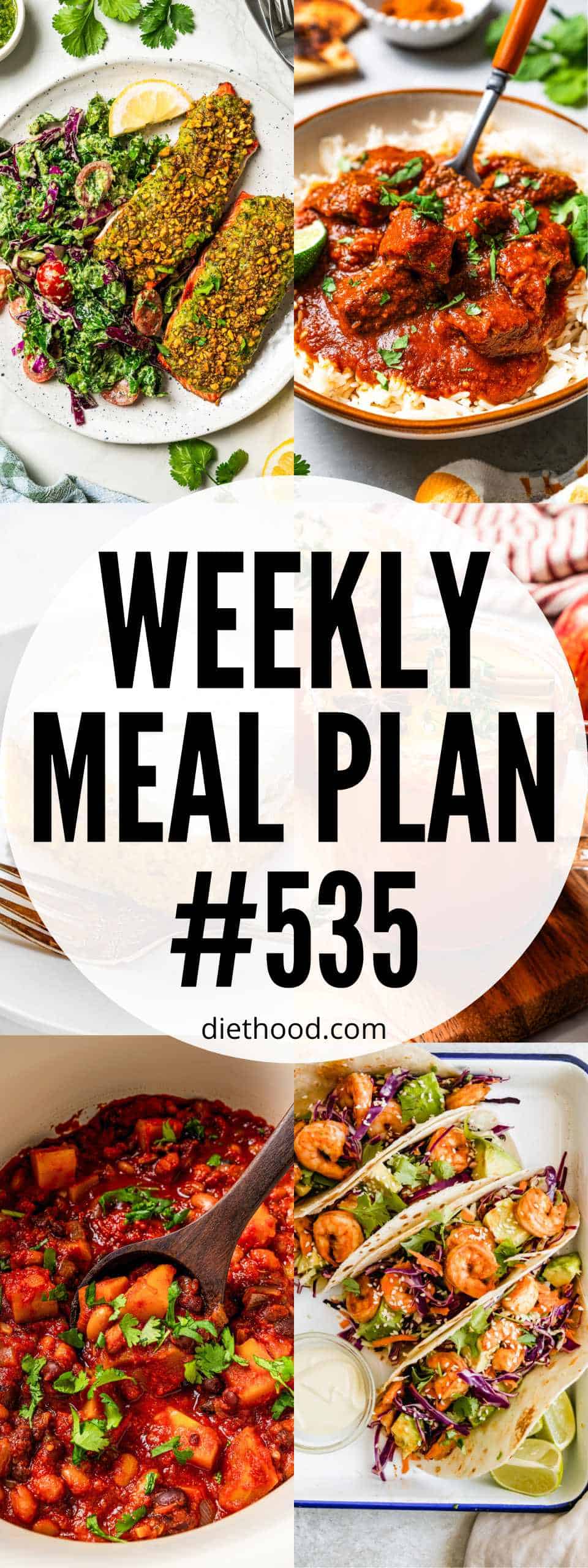 Meal plan 535 food collage with text overlay.