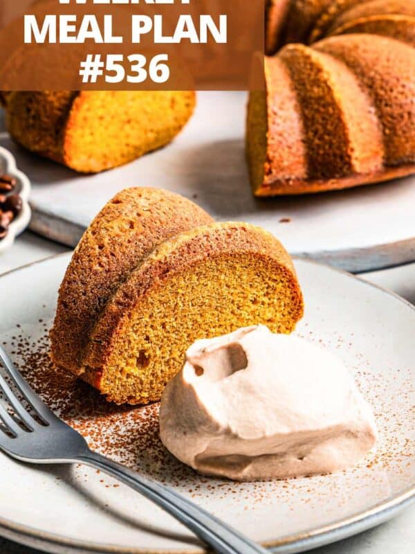 A slice of pumpkin cake with a text overlay.