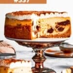 Cinnamon Roll Cheesecake on a cake plate.