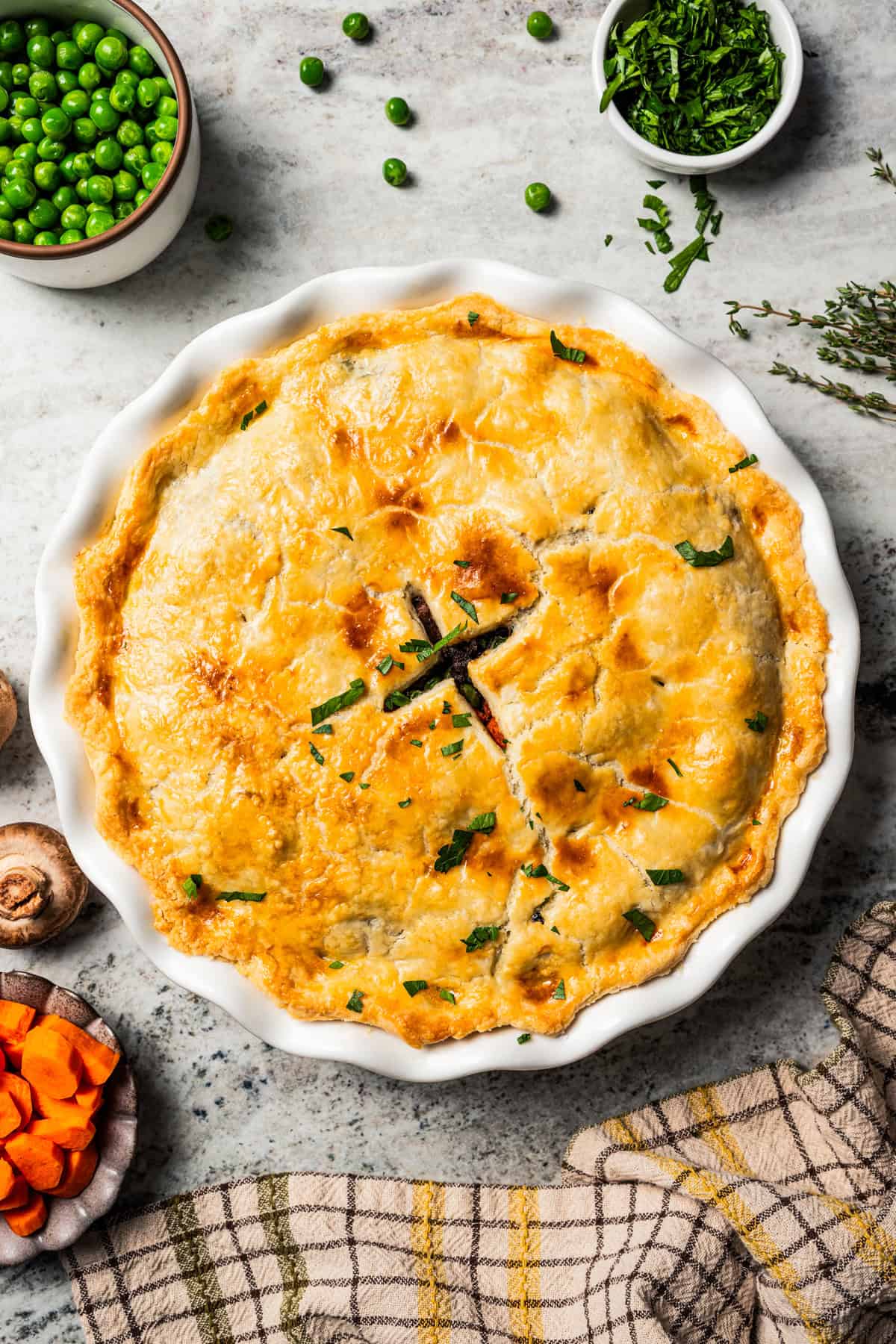 This easy beef pot pie recipe has a hearty, savory filling of juicy braised beef and tender veggies baked inside a flaky homemade pie crust. Baked beef pot pie in a pie plate.