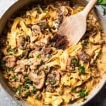 Hamburger stroganoff in a skillet.