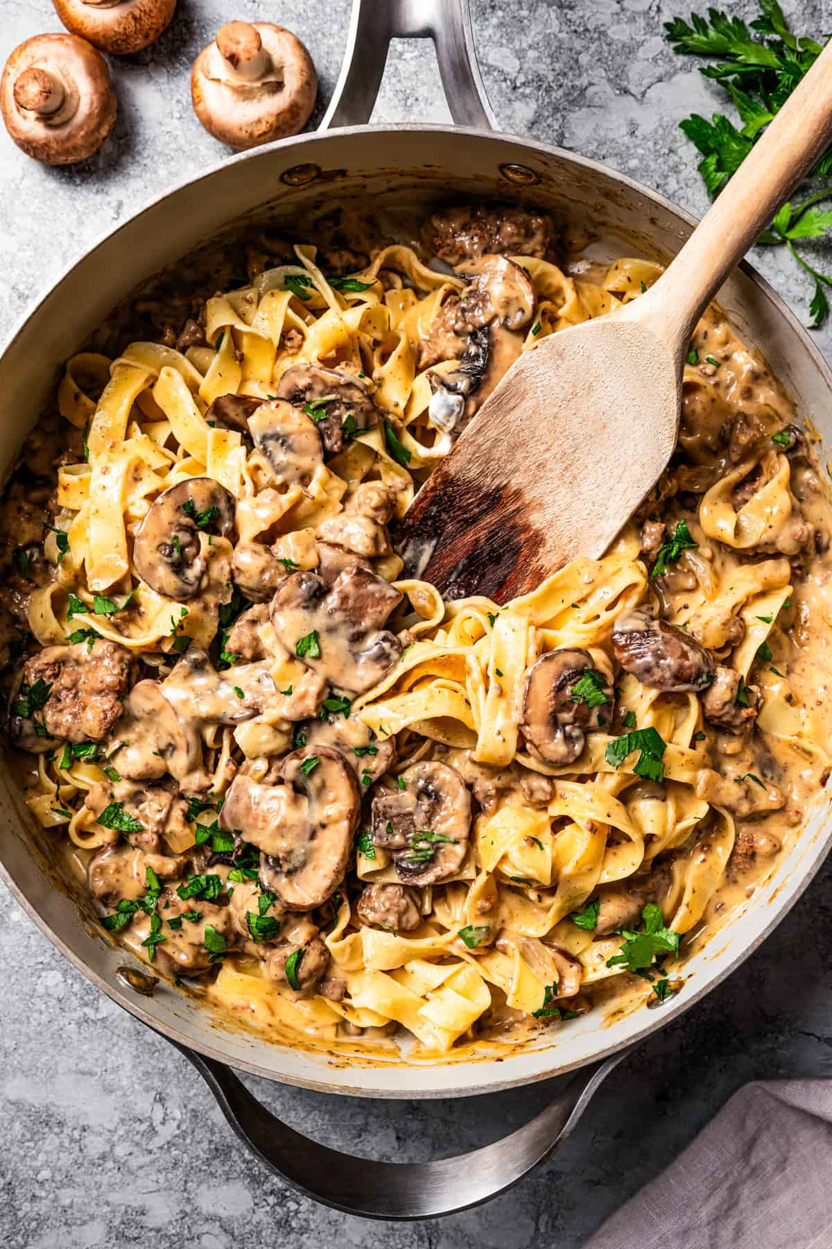 Hamburger stroganoff in a skillet.