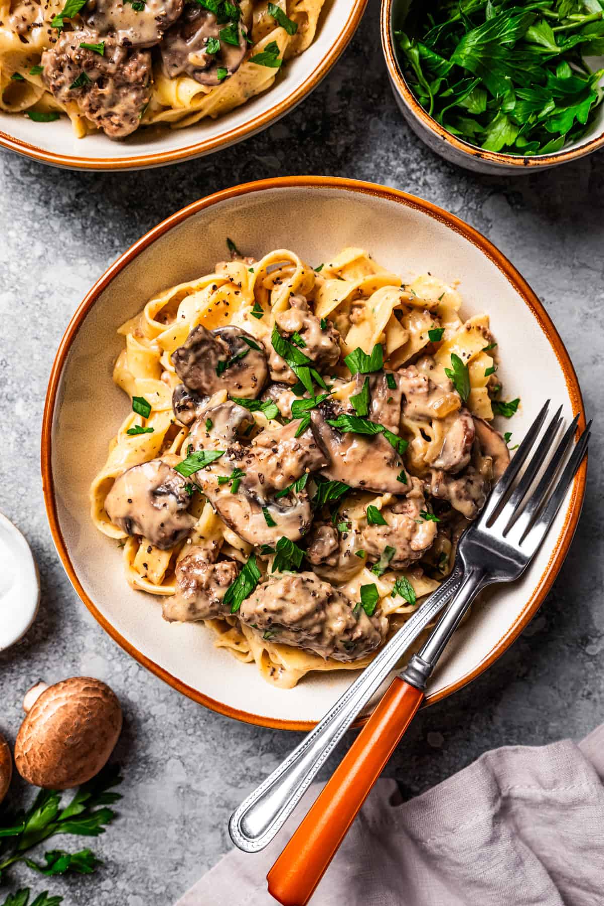 Creamy hamburger stroganoff served with egg noodles in a bowl.