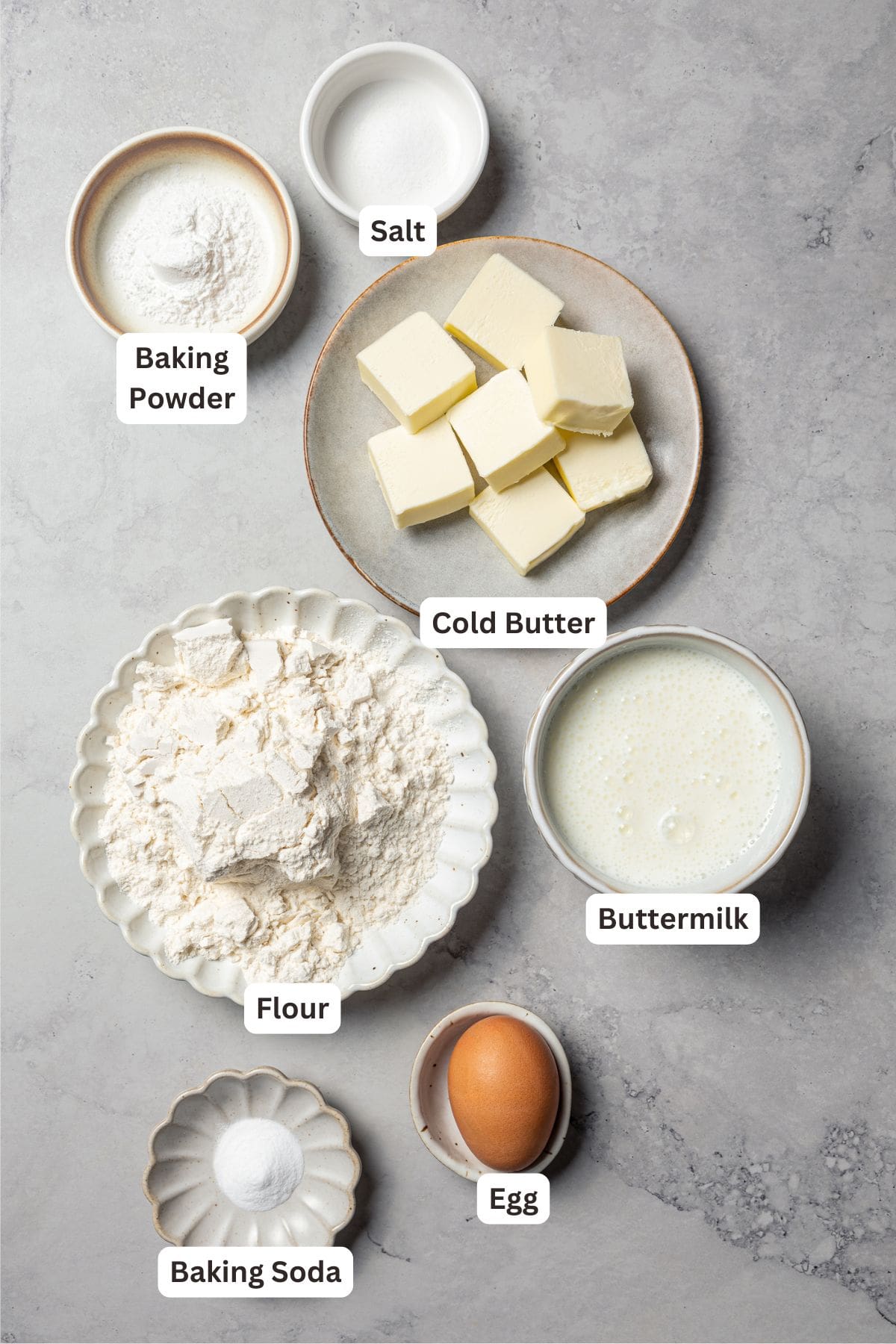 Buttermilk biscuits ingredients with text labels overlaying each ingredient.