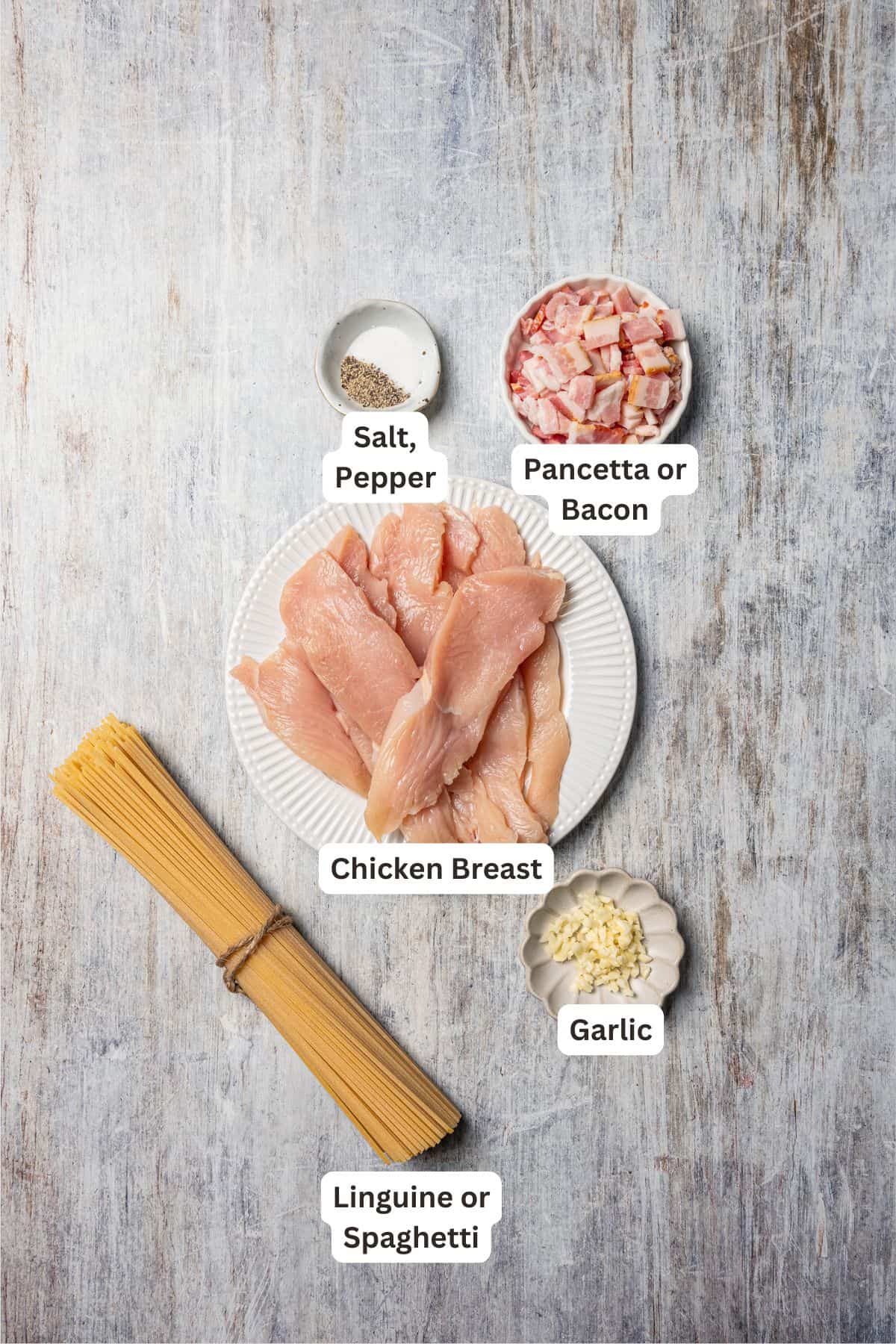 This chicken and bacon pasta is a 20-minute meal with tender linguine, juicy chicken, bacon, and parmesan in a creamy, Carbonara-style sauce. Chicken and bacon pasta ingredients with text labels overlaying each ingredient.