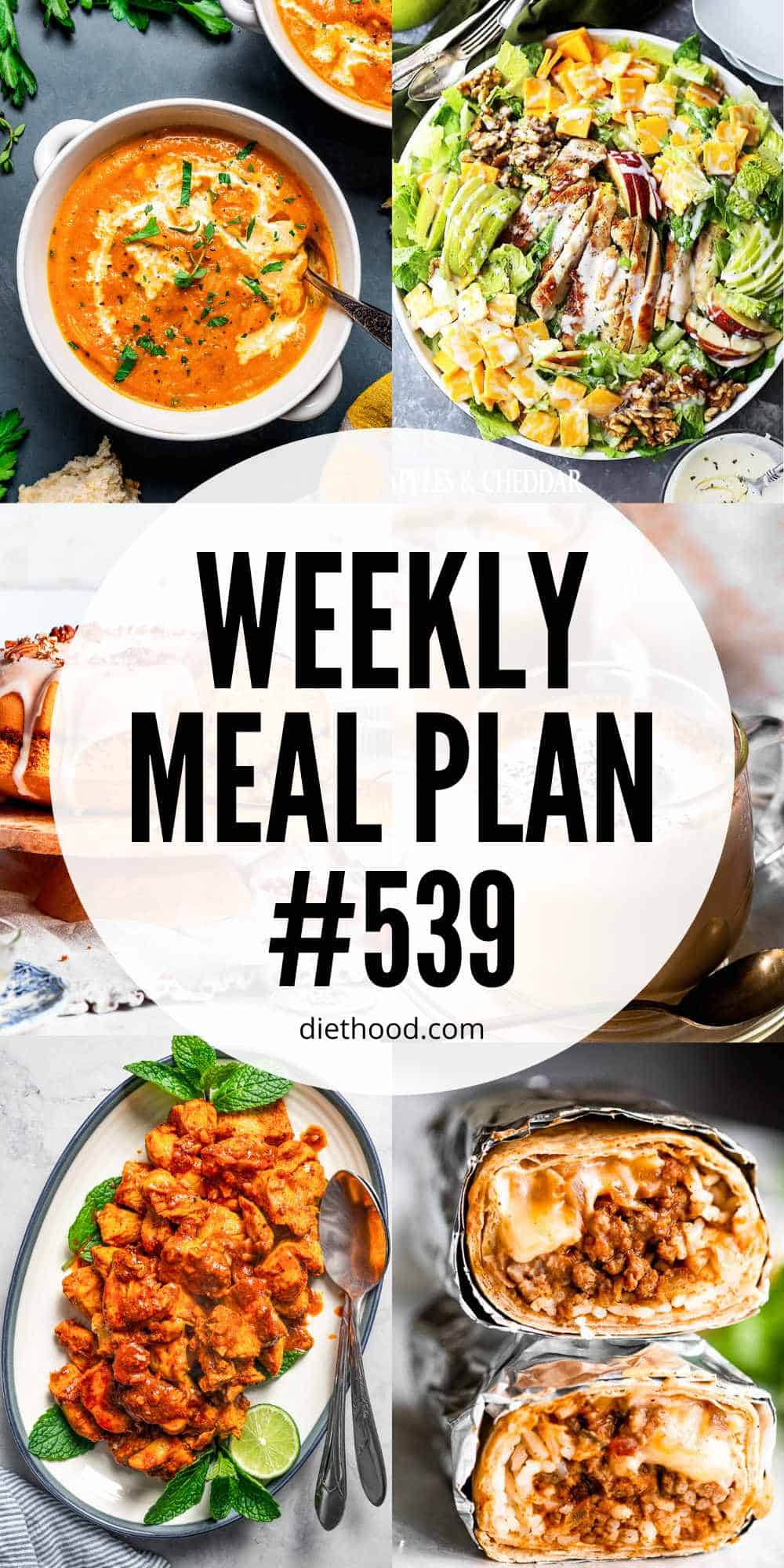 Meal plan 539 food collage with text overlay.
