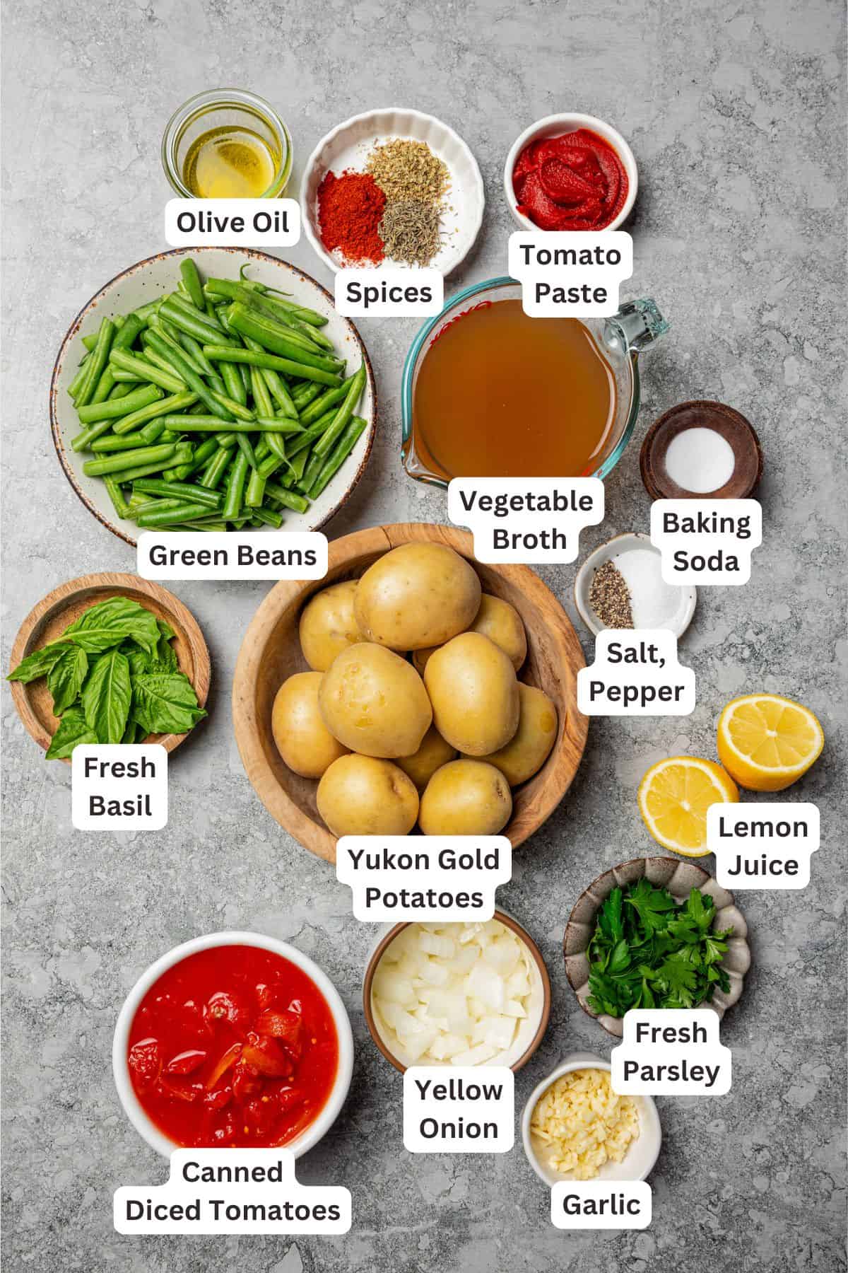 Braised potatoes are slow-cooked with tender green beans and tomatoes in this easy, one-pot Macedonian dish that warms from the inside out. Macedonian braised potatoes ingredients with text labels overlaying each ingredient.