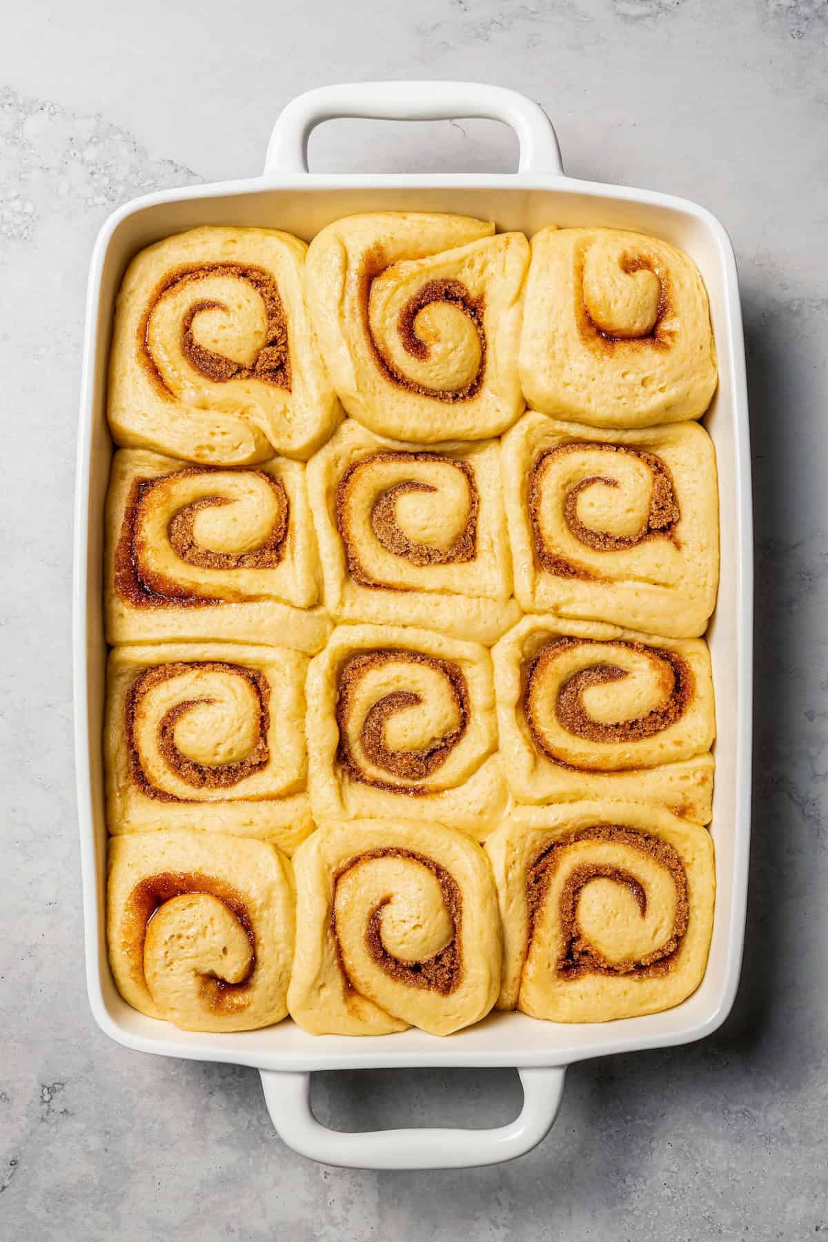 This cinnamon roll recipe makes big, bakery-style cinnamon buns filled with gooey cinnamon sugar and topped with sweet cream cheese frosting. Unbaked cinnamon rolls in a baking dish after the second rise.