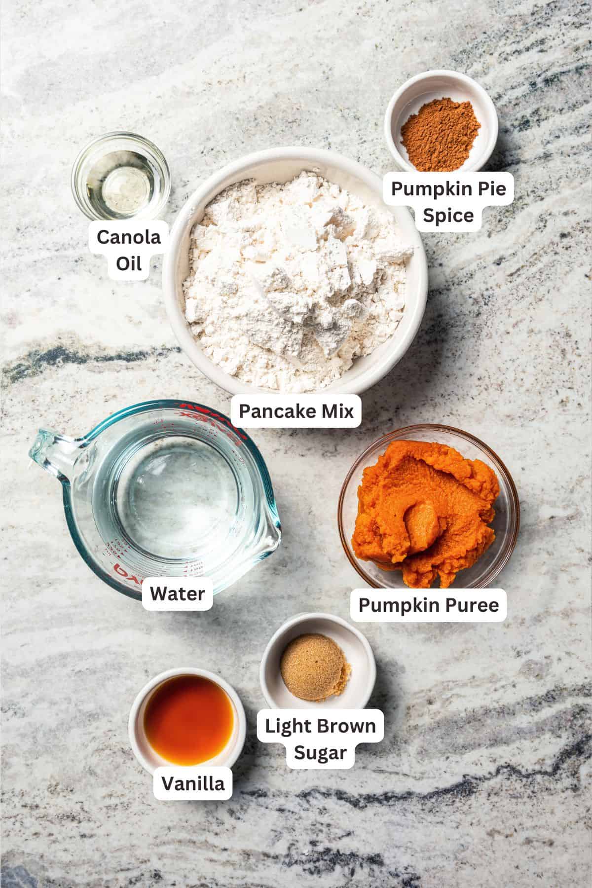 Pumpkin pancakes are the best fall breakfast! Made from pancake mix, real pumpkin, and spices, topped with cranberry syrup for the holidays. Pumpkin pancakes ingredients with text labels overlaying each ingredient.