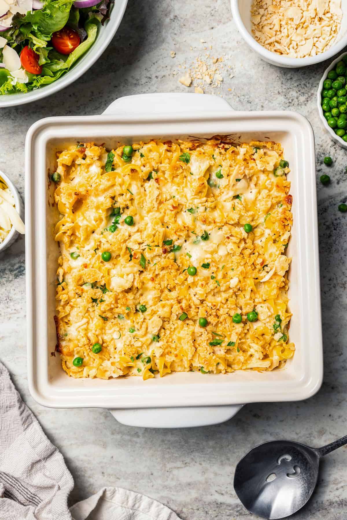 Overhead view of a baked tuna casserole in a baking dish.