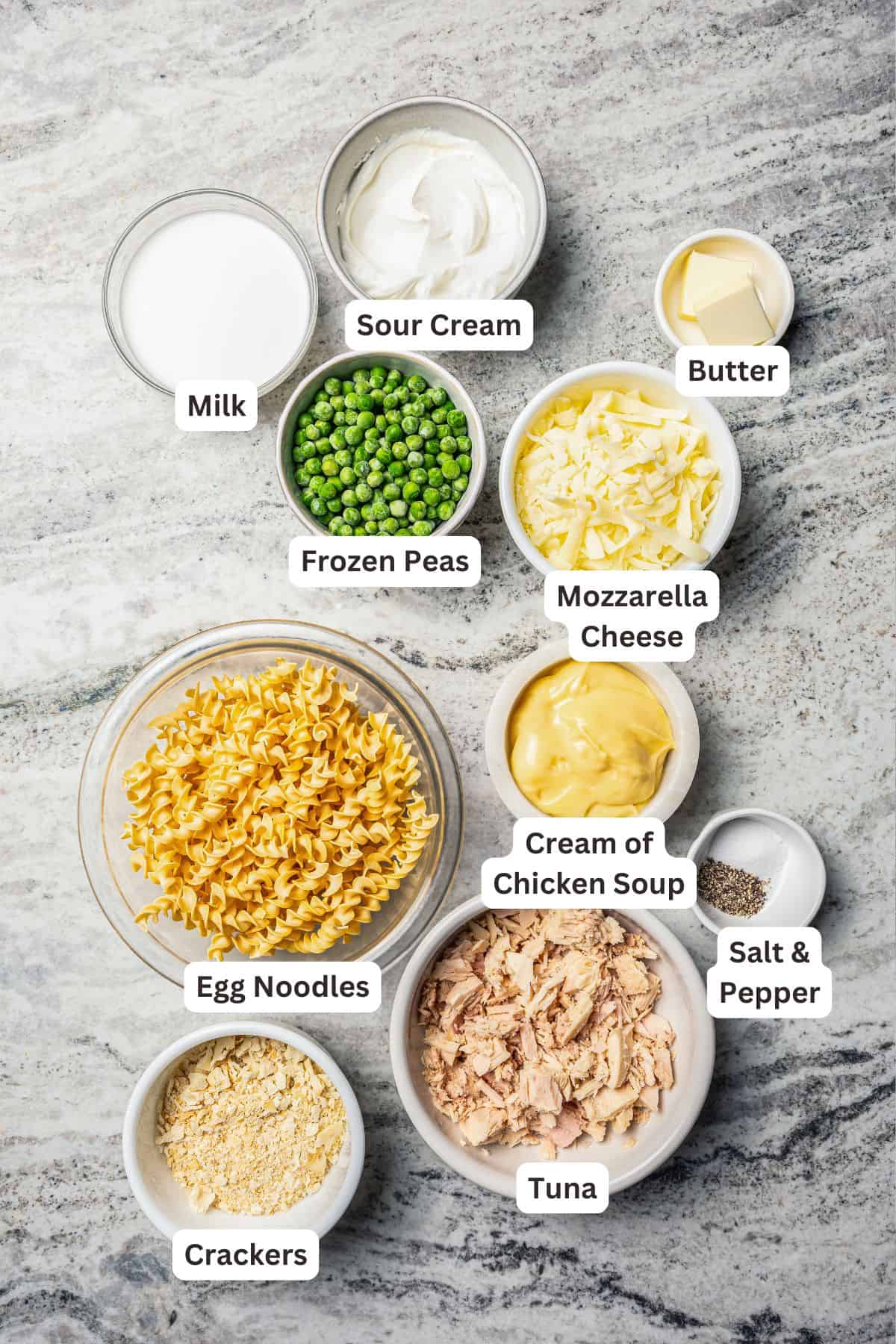 Tuna casserole ingredients with text labels overlaying each ingredient.