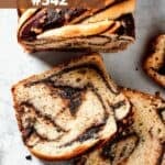Chocolate babka on a light surface.