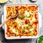 Baked ziti in a casserole dish.