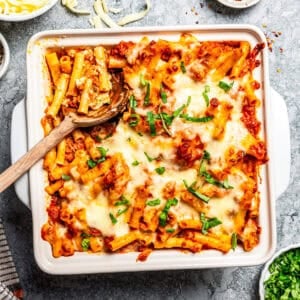 Baked ziti in a casserole dish.