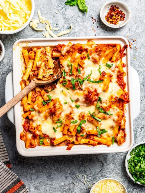 Baked ziti in a casserole dish.