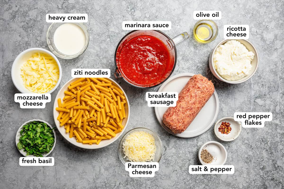 My easy baked ziti recipe is a weeknight-friendly pasta casserole with rich homemade meat sauce and three kinds of melty Italian cheese. Baked ziti ingredients with text labels placed over each ingredient.