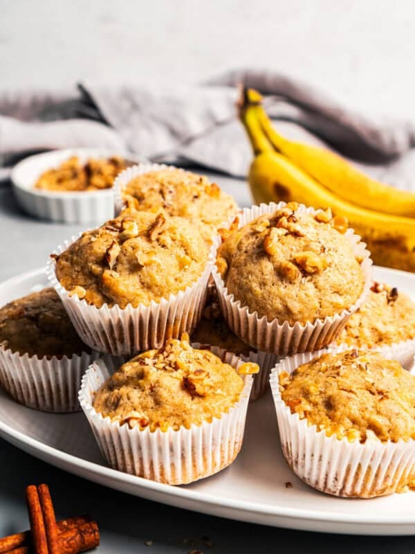 Banana nut muffins served on a platter.