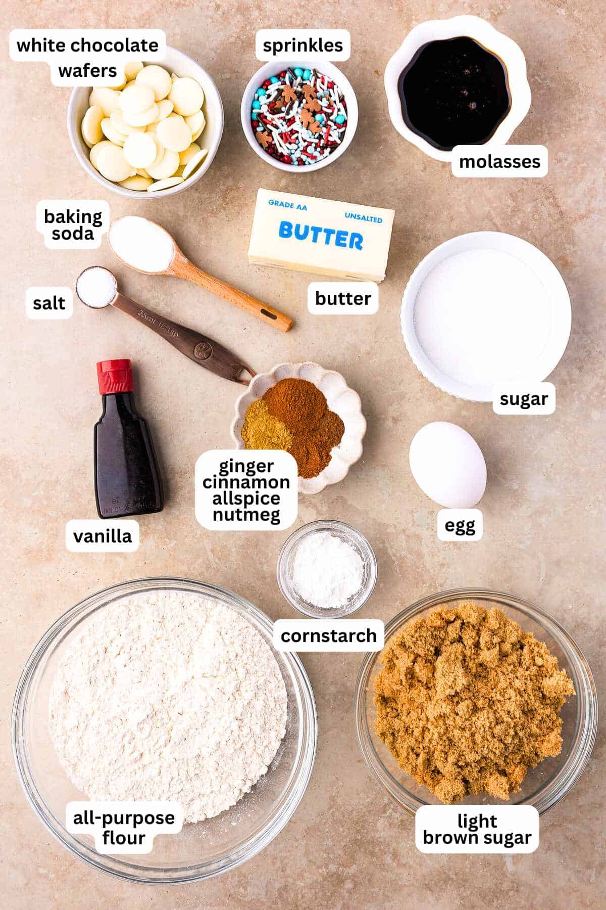 Thick, chewy, and soft gingerbread cookies flavored with warm spices and molasses. They're festive, cozy, and so easy to make for the holidays. A photo of the ingredients needed to make gingerbread cookies.