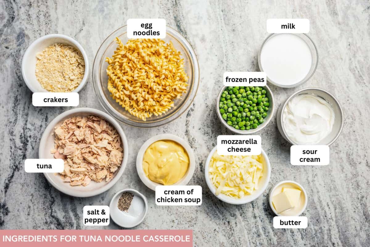 This classic tuna casserole combines tender egg noodles, creamy sauce, flaky tuna, peas, and melty cheese under a buttery cracker topping. Ingredients for tuna casserole with text labels set over each ingredient.