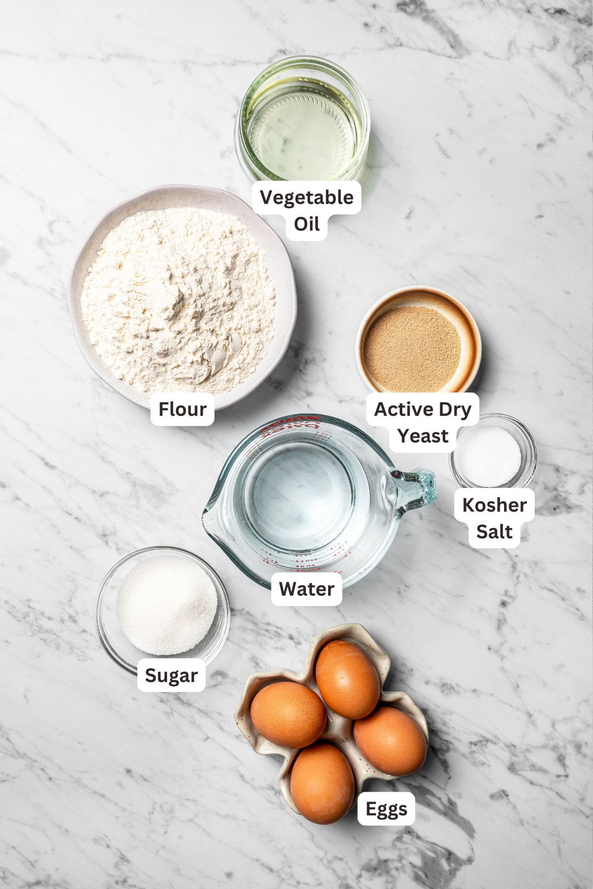 Challah ingredients with text labels overlaying each ingredient.