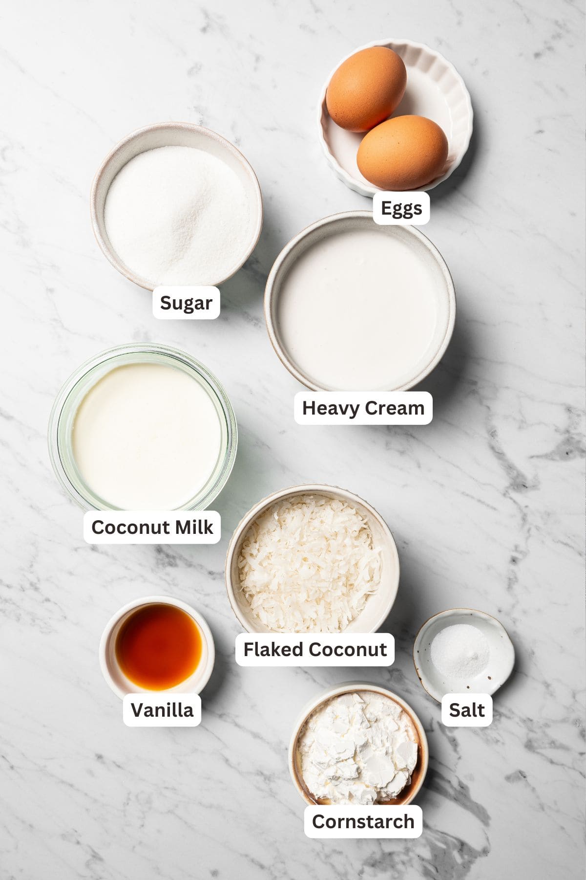 This easy coconut cream pie recipe features a thick, creamy coconut filling topped with fresh whipped cream in a golden, flaky pie crust. Coconut cream pie filling ingredients with text labels overlaying each ingredient.