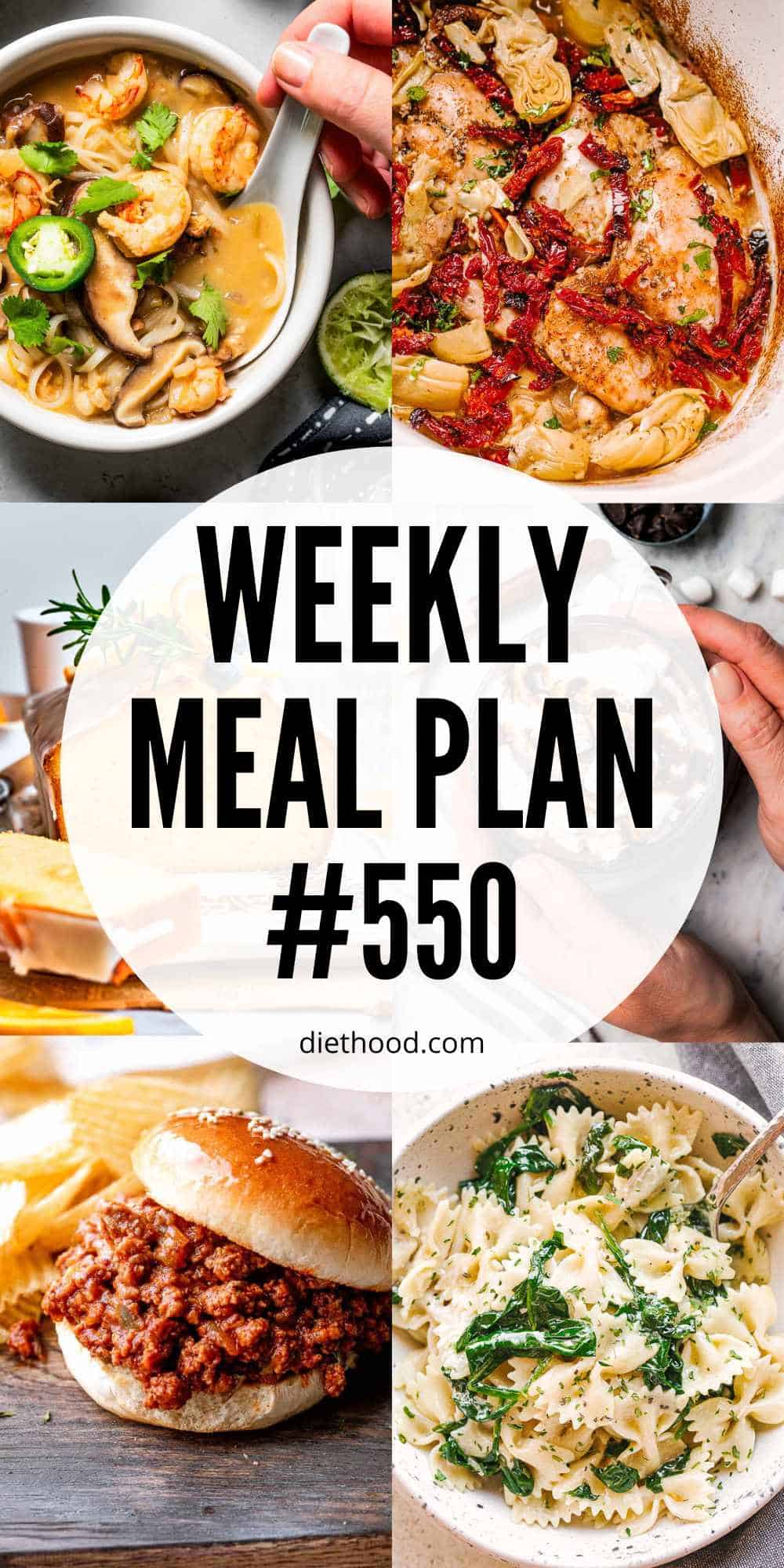 Weekly Meal Plan by Diethood Meal plan food collage with text overlay.