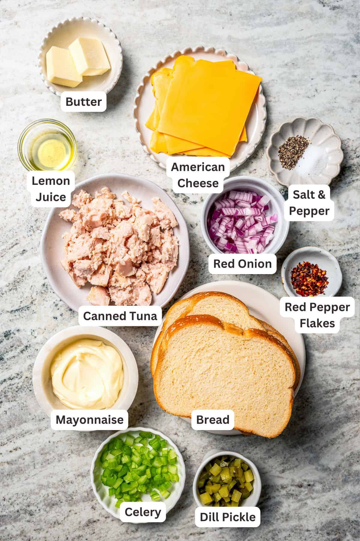 Tuna melt ingredients with text labels overlaying each ingredient.
