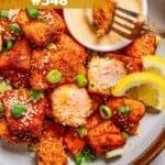 Salmon bites on a plate.