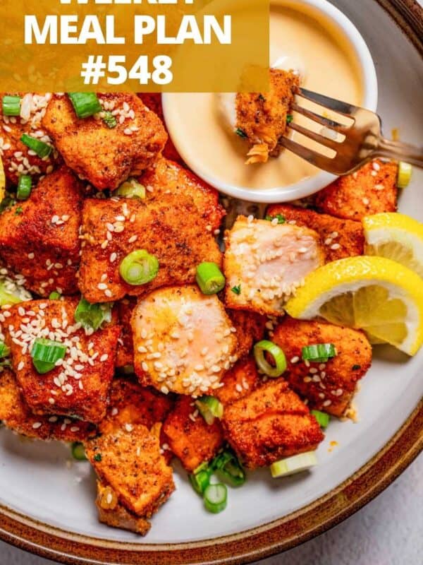 Salmon bites on a plate.