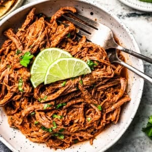 Shredded carne asada served in a bowl, garnished with lime wedges.