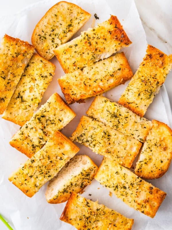 Air fryer garlic bread cut into several slices.