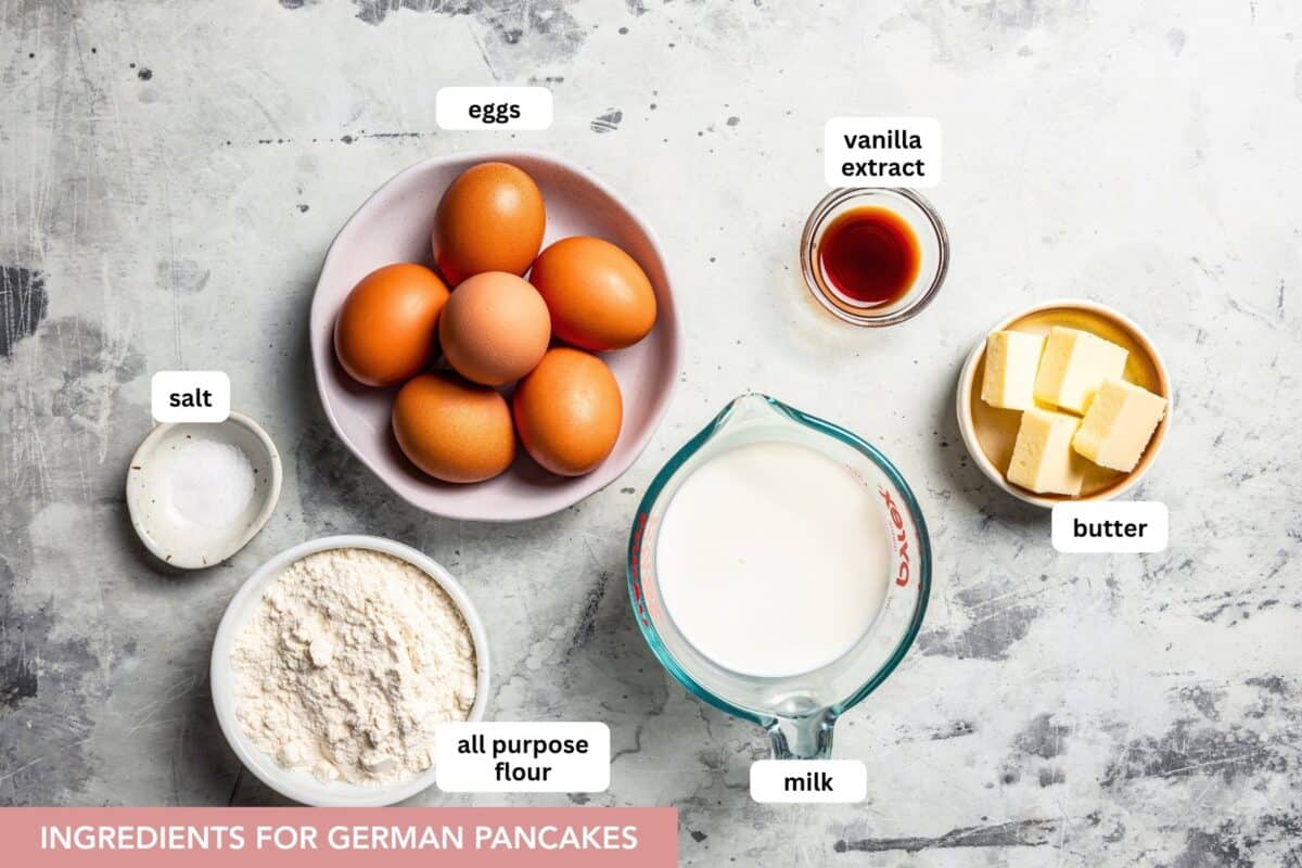 This German pancake recipe takes minutes to prepare and bakes up super soft, puffed, and golden in the oven. Made with only 6 ingredients! German pancake ingredients with text labels overlaying each ingredient.
