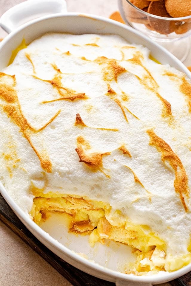 Homemade banana pudding in an oval dish.