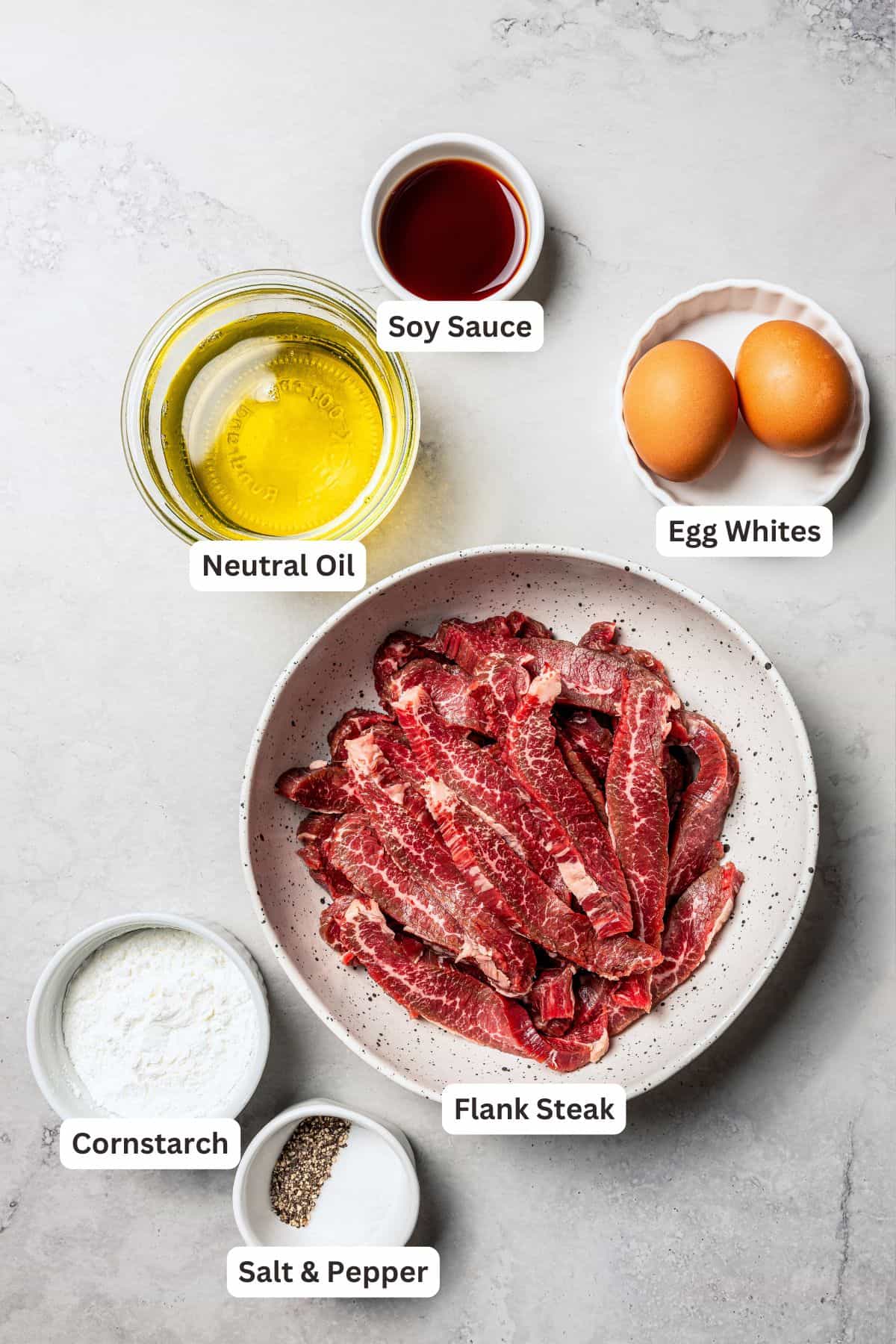 Beijing beef ingredients with text labels overlaying each ingredient.