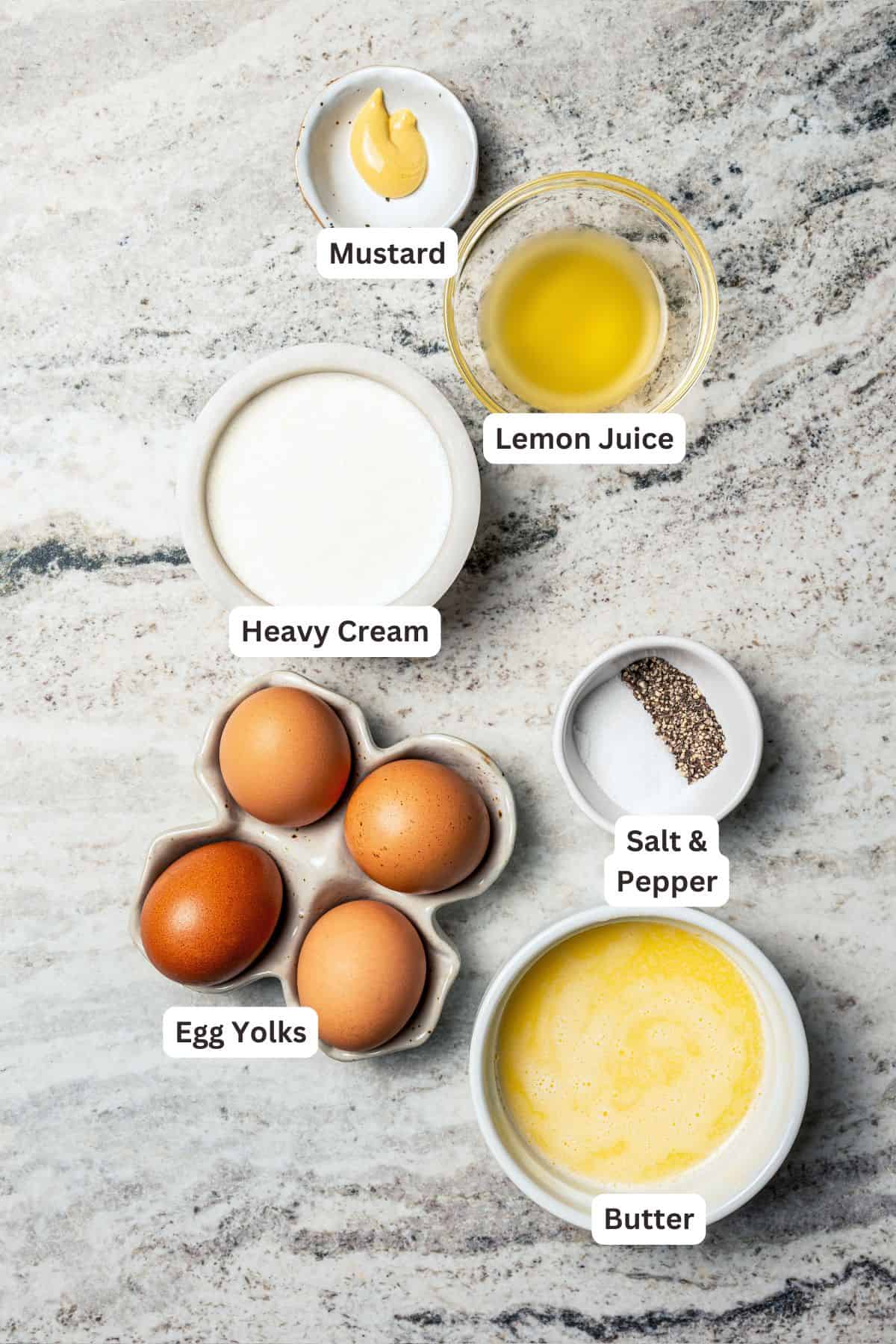 Hollandaise sauce ingredients with text labels overlaying each ingredient.
