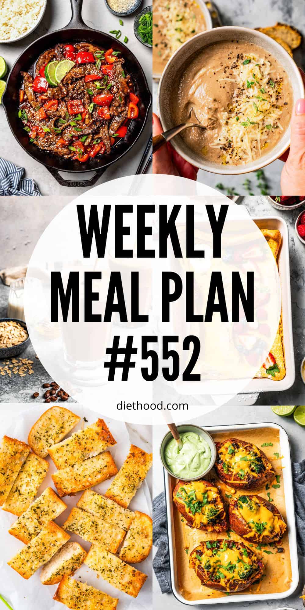 Weekly Meal Plan by Diethood Meal plan food collage with text overlay.