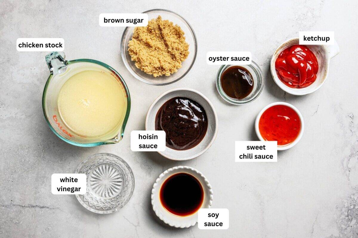 Beijing beef sauce ingredients with text labels overlaying each ingredient.