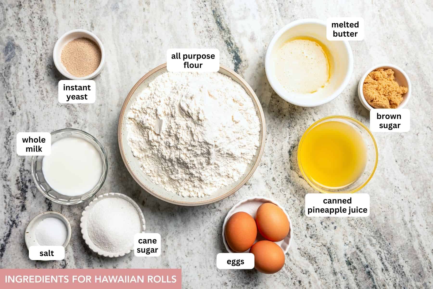 Hawaiian rolls ingredients with text labels over each ingredient.