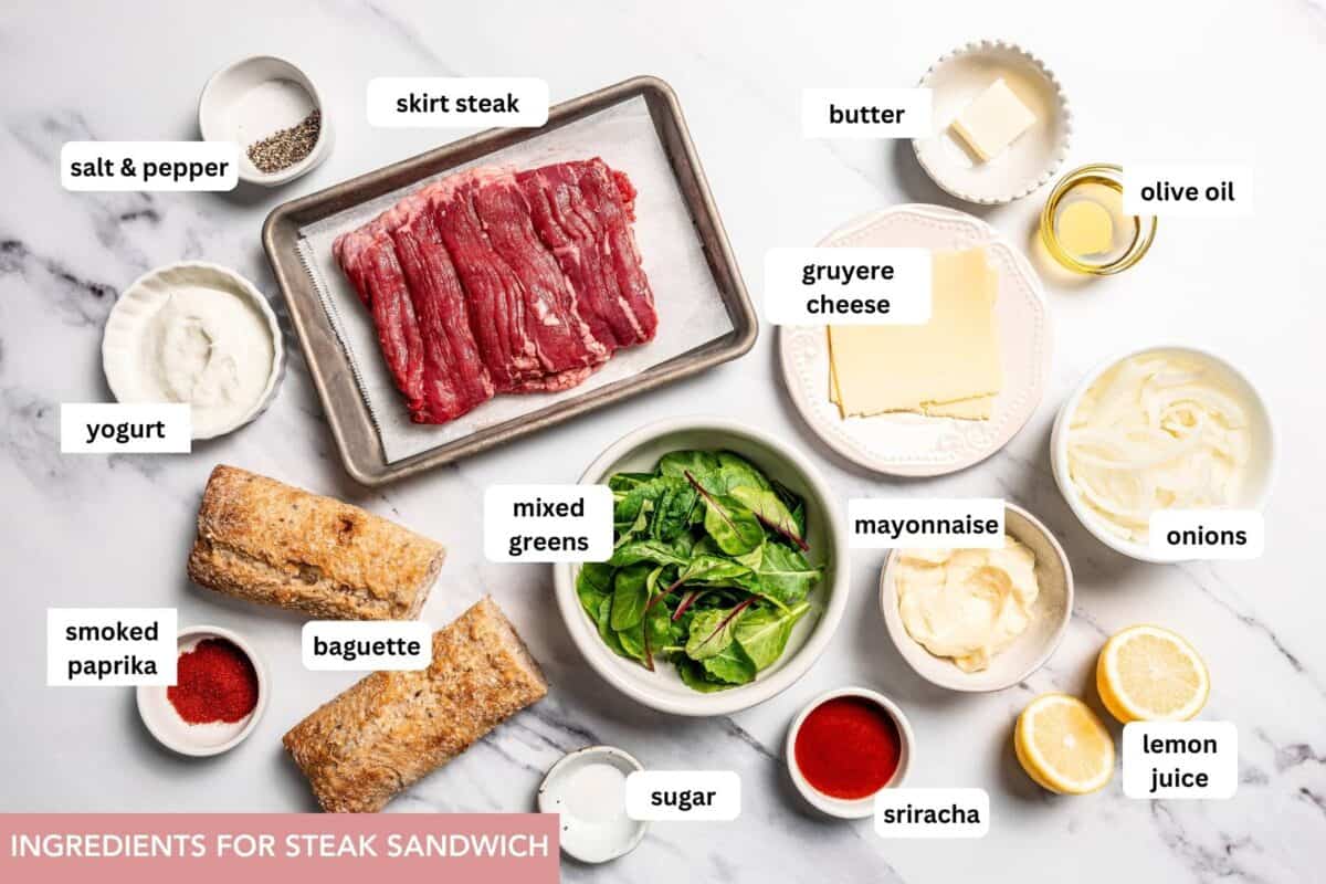 Steak sandwich recipe ingredients arranged on a bright surface.