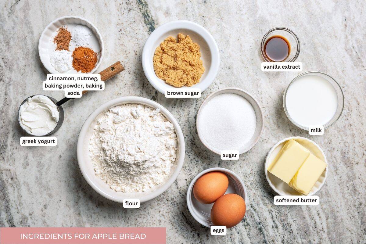 Apple bread ingredients with labels over each ingredient.