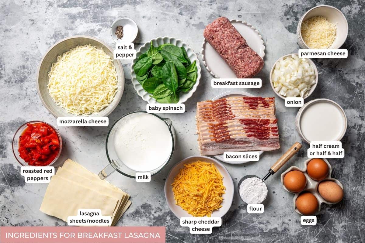 Breakfast lasagna ingredients with text labels.