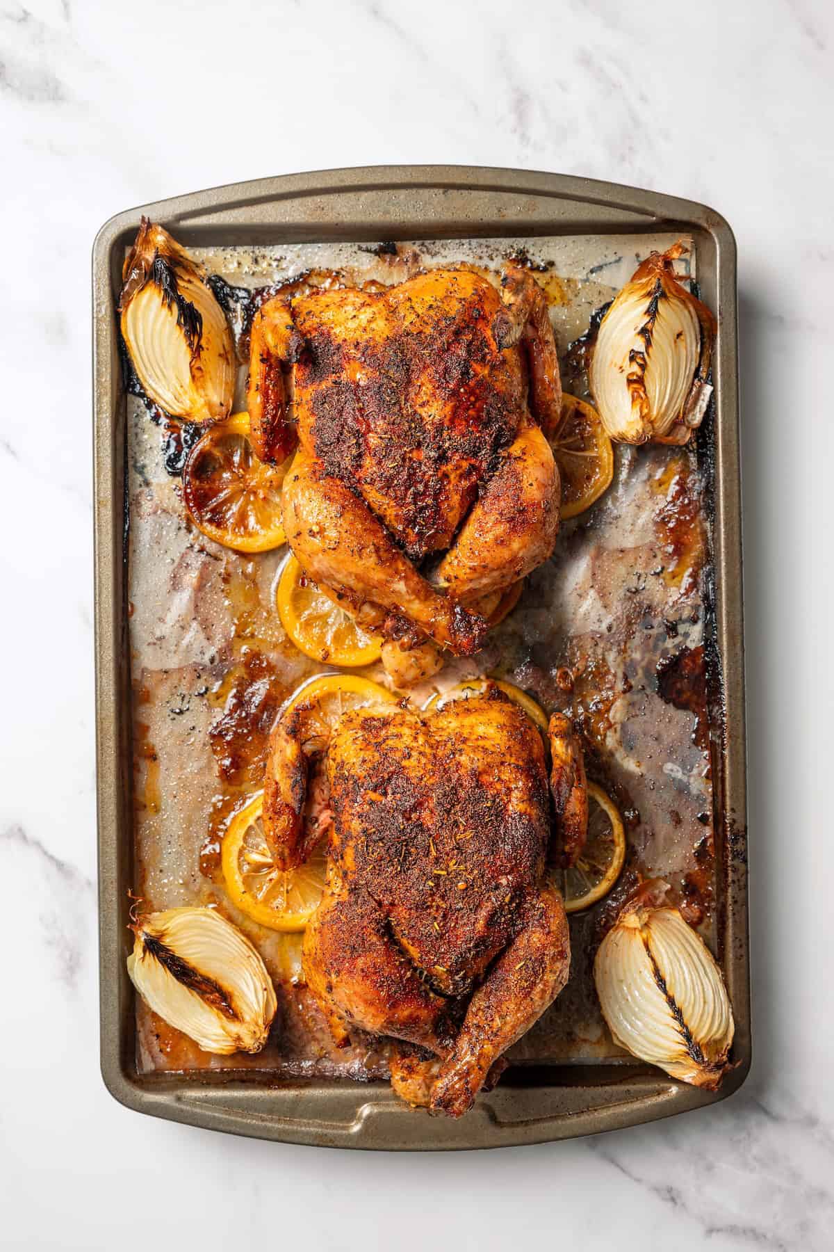 This easy Cornish hen recipe is perfectly juicy and golden-brown, rubbed with savory spices and oven-roasted over a bed of lemon and herbs. Overhead view of two Cornish hens on a baking tray with roasted onions.